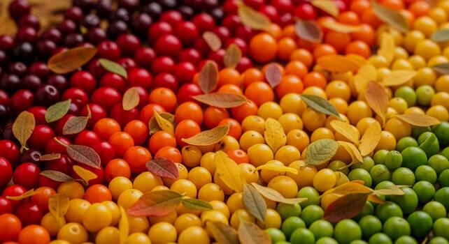 Colorful array of berries arranged in a gradient pattern with autumn leaves. photo