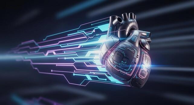 Digital Heart with Glowing Circuitry and Data Flow. photo
