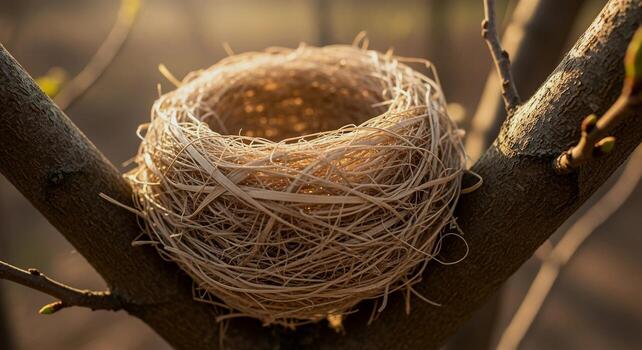 Empty birds nest nestled in a tree branch, bathed in warm sunlight, symbolizing natures cycle and new beginnings. photo