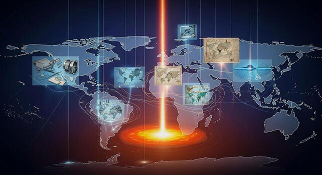 Global Data Network with World Map and Digital Information Flow. photo