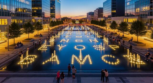 Illuminated Water Feature with Abstract Light Patterns in a Modern City Square at Dusk. photo