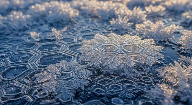 Intricate Frost Patterns on a Cold Surface Close Up Macro View. photo