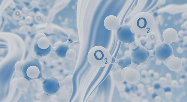 Scientific visualization of floating O2 Oxygen molecules in an abstract blue environment. photo