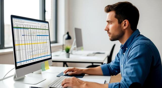 Man Analyzing Data on Computer Screen in Office Setting. photo