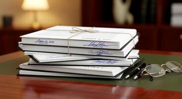 Stack of Important Documents Tied Together on a Desk. photo