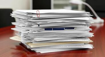 Stack of documents with a pen and paperclip on a desk. photo