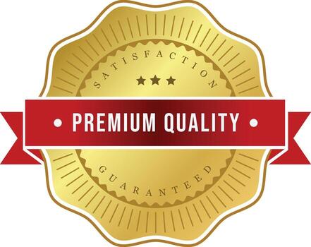Golden luxury badge design with red ribbon vector