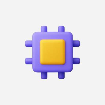 3D render of a purple and yellow computer chip on a white background. vector
