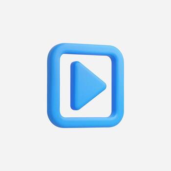 Blue play button icon in a square frame on a white background. 3D render. vector