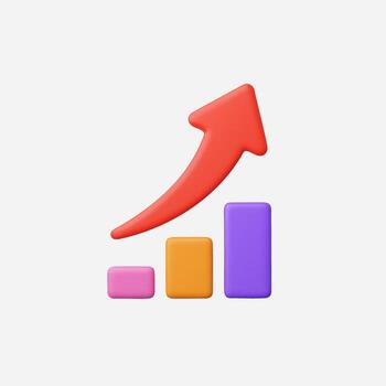 Rising bar graph with arrow, showing growth and positive trend. 3D render. vector
