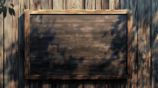 Wooden frame on a wooden wall with leaf shadow overlayed photo