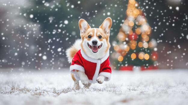 A Happy Corgi Dog Dressed in a Santa Suit Runs Through Snow in Front of a Blurred Christmas Tree photo