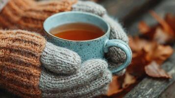 calentar manos participación un azul taza para té en otoño foto