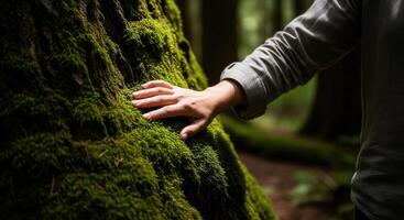 amable mano conmovedor lozano verde musgo en antiguo árbol maletero en encantado bosque. foto