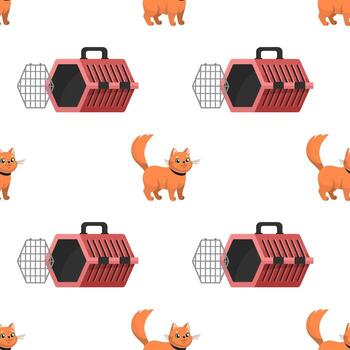 Cute red cat with carrier seamless pattern. Traveling with pets concept texture. Flat design, cartoon style. textile design. vector