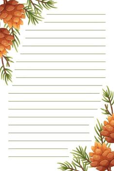 Christmas note sheet, template for notebooks, notes, winter checklist. Printed sheet with fir branches and pine cones, lines for notes vector