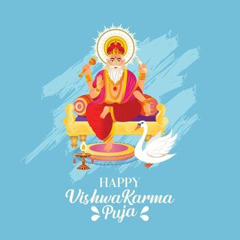 Illustration of Hindu God Vishwakarma, the divine architect and celestial engineer, depicted building and designing the world with creativity and wisdom. vector