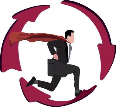 Businessman running inside rotating cycle of arrows representing workload vector
