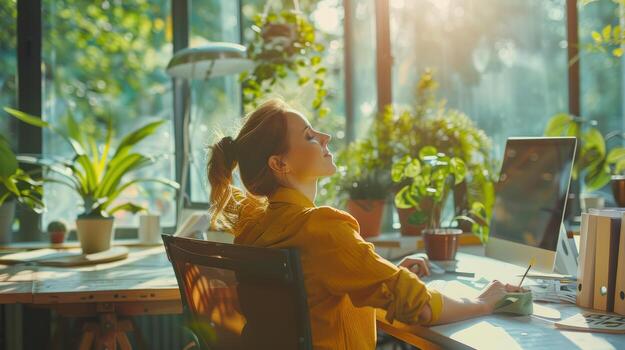 A woman sitting at a desk with a computer and plants photo