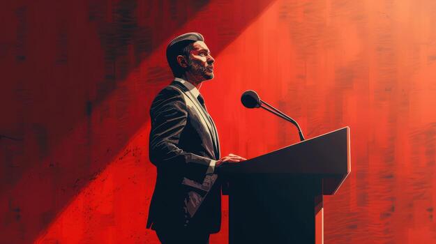 A man in a suit is giving a speech in front of a podium photo