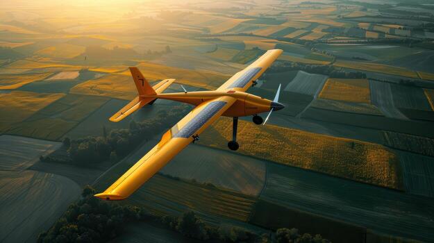 A small airplane flying over a field of green grass photo