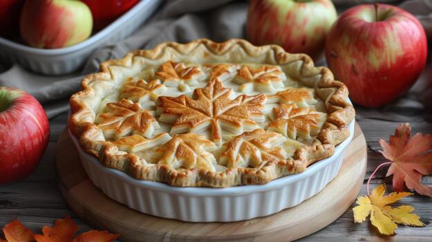 Freshly Baked Apple Pie with Decorative Leaf Crust and Red Apples photo