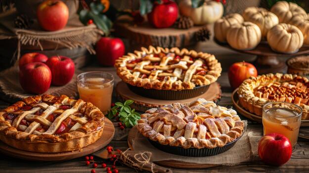 Exquisite Pie Display with Apples and Autumn Decor in Rustic Setting photo