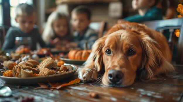 Golden retriever resting on table while children enjoy meal photo