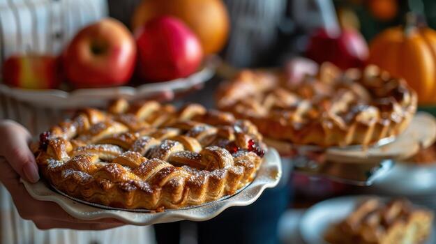 Freshly Baked Apple Pies with Warm Autumn Colors and Seasonal Decor photo
