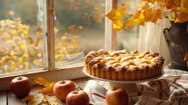 Warm Apple Pie by Window with Autumn Leaves and Fresh Apples photo