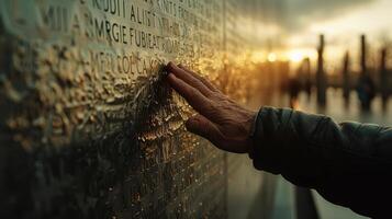 conmovedor tributo mano en monumento pared a puesta de sol ligero foto