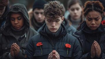 grupo de jóvenes en momento de reflexión con rojo amapolas en chaquetas foto