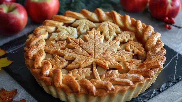 Homemade Autumn Pie with Leaf Design and Fresh Red Apples Nearby photo