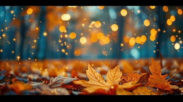 Magical Autumn Leaves with Soft Bokeh Lights in Nature Scene photo