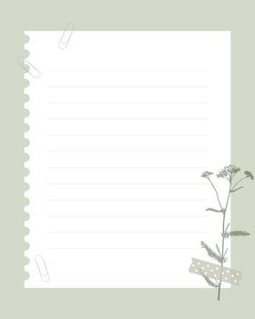 Blank lined form in vintage scrapbooking style with botanical imprint of yarrow and tape. Notebook sheet. For notes, reminders, to-do list. vector
