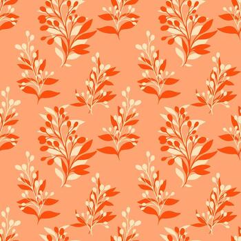 Seamless pattern with decorative branches, leaves, and berries in warm orange tones on peach background. Elegant botanical design for fabric, wallpaper, and wrapping vector