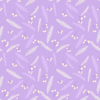 sin costura modelo con delicado abeto ramas y pequeño amarillo bayas en un suave lavanda antecedentes. elegante botánico diseño para textiles, embalaje, y decoración vector