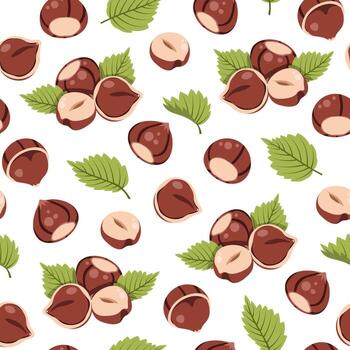 Pattern of hazelnuts and green leaves vector