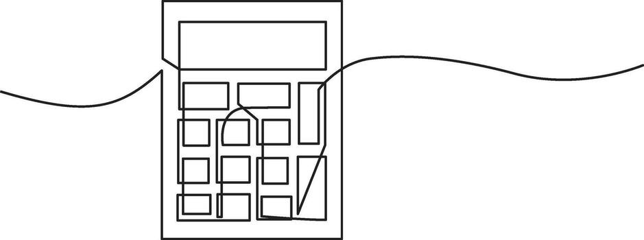 A continuous one-line drawing of a calculator surrounded by mathematical symbols for addition, subtraction, multiplication, and division, set against a plain white background. vector