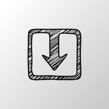 Hand drawn sketch arrow pointing down inside square button icon vector