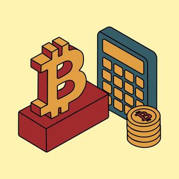 bitcoin símbolo con apilado monedas y calculadora representando cripto Finanzas y inversión en un amarillo antecedentes vector