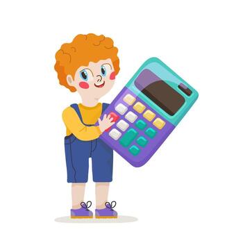 A cute red-haired boy in shorts holds a calculator in his hands and solves math examples. Back to School concept vector