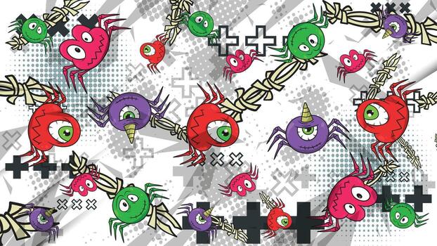 a pattern with colorful cartoon characters and crosses vector