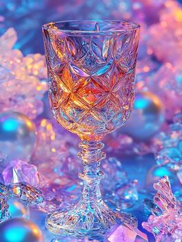 A Majestic Crystal Goblet Gleaming with Warm Light and Frosty Hues. photo