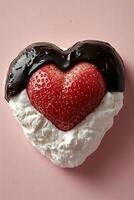 delicioso corazón conformado fresa cubierto en chocolate y crema foto