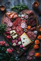 corazón conformado charcutería tablero con salami, queso, y rosas foto