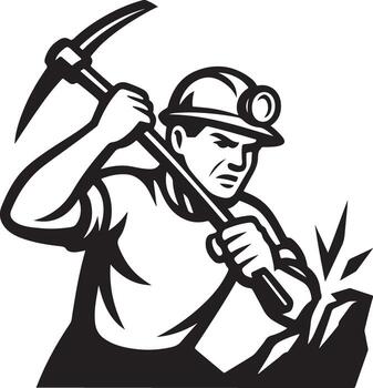 Intense miner strikes rock vigorously with pickaxe while wearing a helmet with light vector