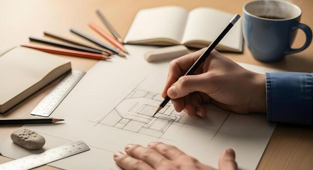 Architect Designing House Blueprint Close up of Hands Drawing photo