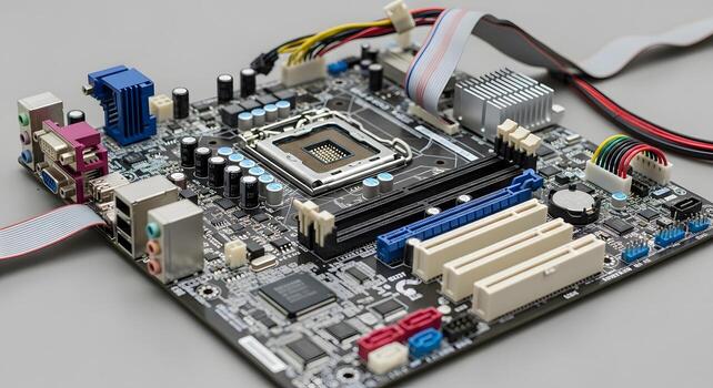 High Resolution Image of a Computer Motherboard with Components photo