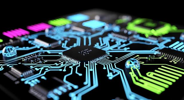 Abstract Futuristic Technology Background Circuit Board with Microchip and AI Brain photo